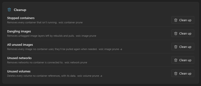 Cleanup panel with buttons to prune containers, images, networks and volumes