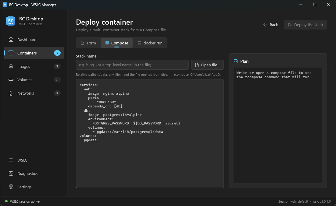 Deploy container page on the Compose tab with a sample compose file and the plan panel