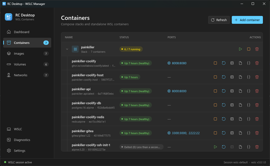 Containers page with a Compose stack expanded into its containers, status badges and published ports