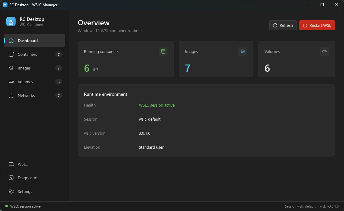 RC Desktop dashboard showing running containers, images, volumes and the WSLC runtime environment