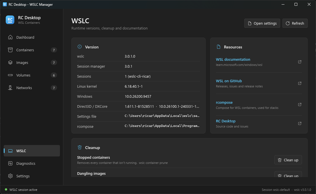 WSLC page with runtime versions, sessions, settings file path and resource links